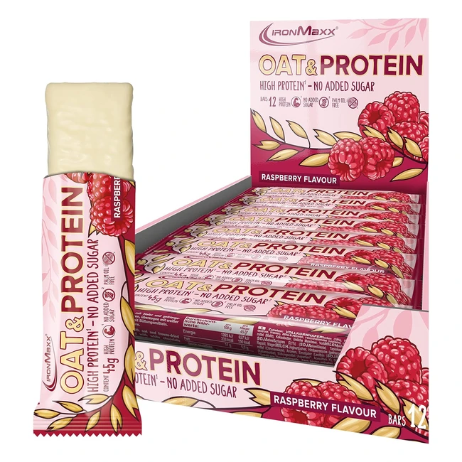 Ironmaxx Oat Protein Bar, Raspberry, 12 x 45 g - Hoher Proteingehalt, ohne Zucker, Ballaststoff- und Energielieferant