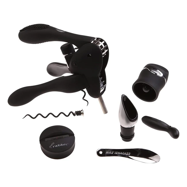 Rabbit Wine Tool Kit - Metal Black - 6 Piece Set - Fast Corkscrew - Gift-Ready