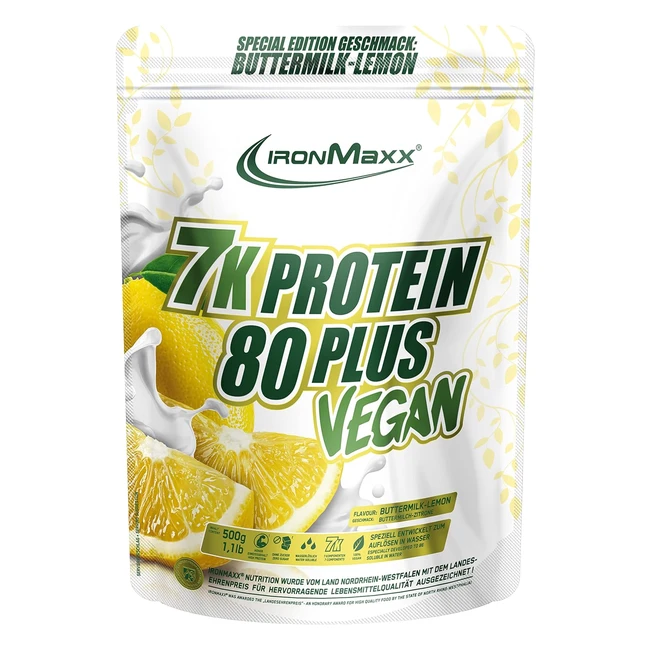 Ironmaxx 7K Protein 80 Plus Vegan Protein - Wasserlösliches Pulver - 7 Komponenten - Buttermilch-Zitronen-Geschmack - 500 g