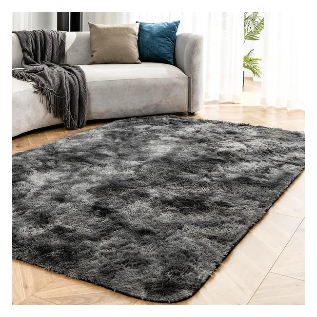 Soft Fluffy Rug for Living Room - Omerai Tie Dye Craft - Anti-Slip Shaggy Rug - Dark Grey - 90x150cm