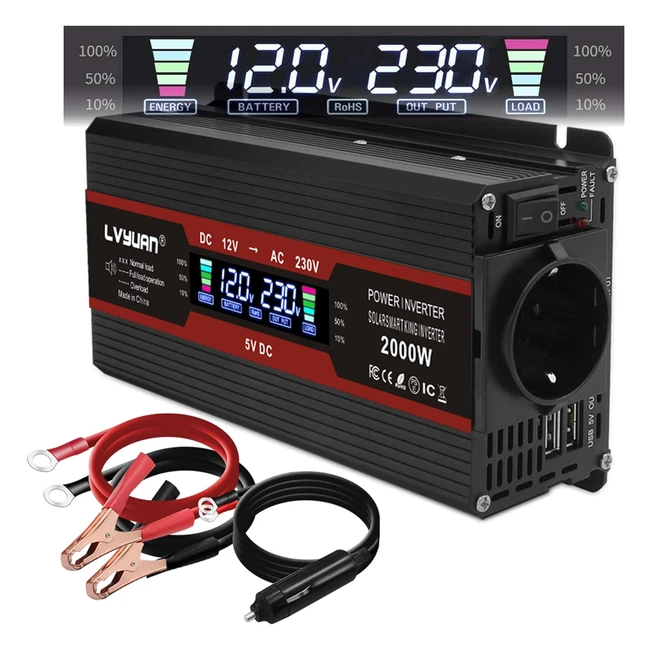 Convertisseur de tension Yinleader 1000W 2000W 12V 230V avec prise, écran LCD, 2 USB - Réf: XXX
