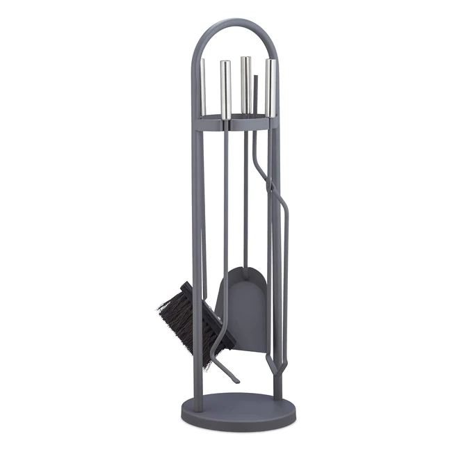 Ensemble serviteur de cheminée 5 pièces Relaxdays 10028786 - Pelle, balai, pince, support tisonnier - Gris