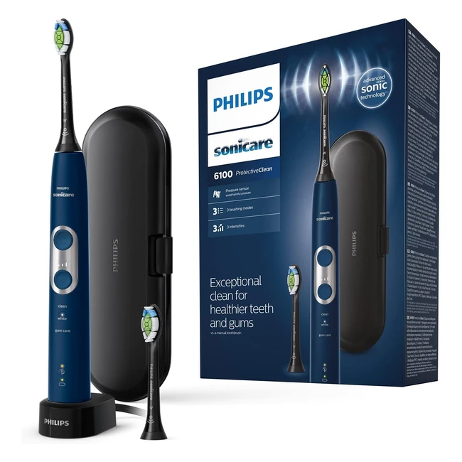 Cepillo de dientes eléctrico Philips Sonicare ProtectiveClean 6100 HX687147 - Sensor de presión, 3 modos de limpieza, 3 intensidades, tecnología BrushSync y estuche
