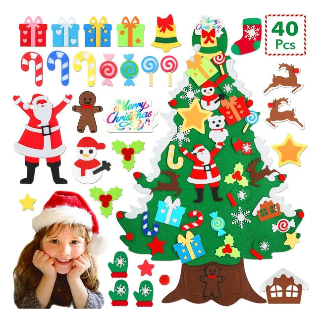 Albero di Natale Feltro DIY - Giocattolo Educativo per Bambini - 40 Ornamenti - 100cmx60cm