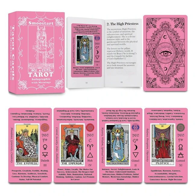 SmooStart Pink Holographic Tarot Cards - Beginners Deck with Guidebook