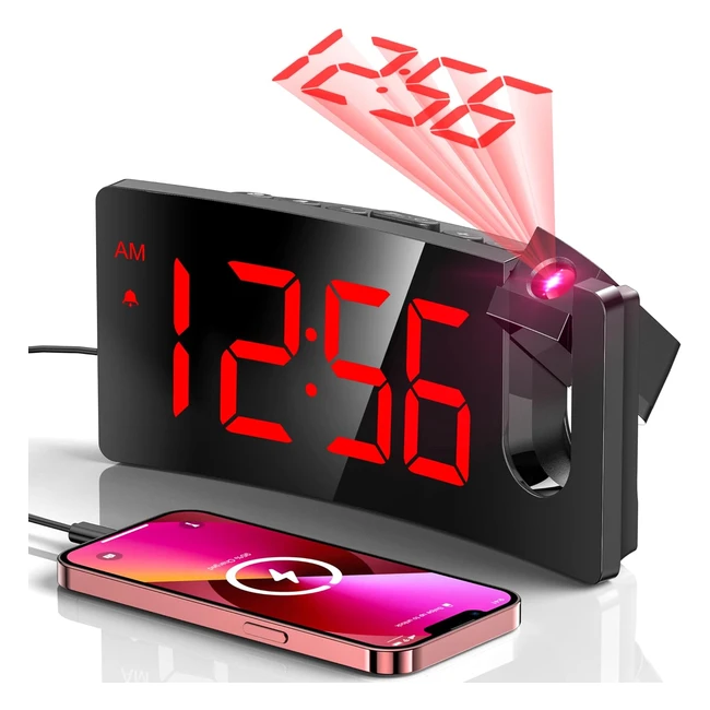 Projection Alarm Clocks Bedside Digital Clock with 180 Rotatable Projector 3-Level Brightness Dimmer LED Display USB Charger Progressive Volume