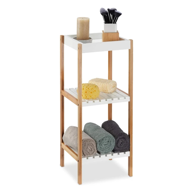 Estantería de baño Relaxdays con 3 estantes abiertos - MDF sin taladro - Bambú marrón y blanco - 72x30x29 cm