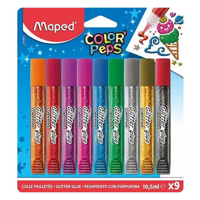 Pegamento con purpurina Maped, 9 tubos de 105 ml, alta densidad y precisión