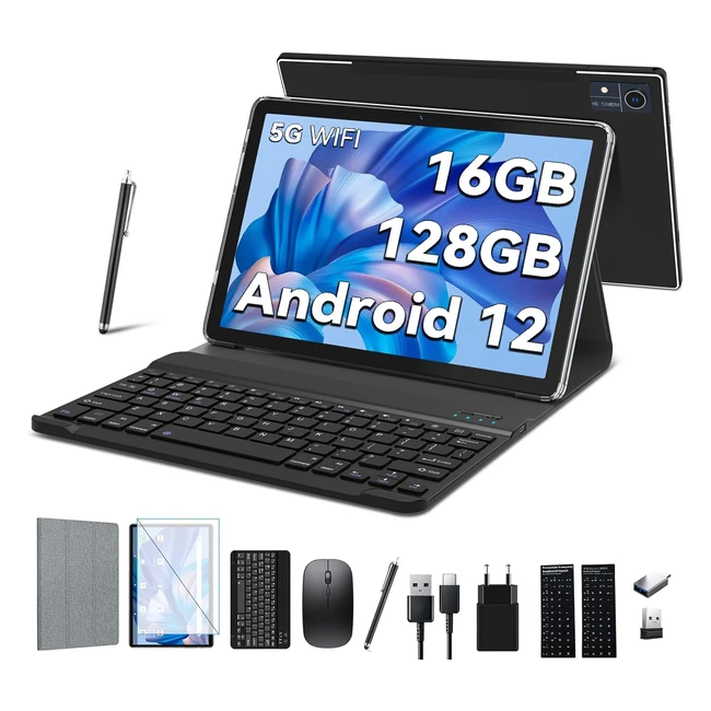 2023 Neuestes Tablet 10 Zoll 5G WiFi Android 12 mit 16GB RAM 128GB ROM 1TB TF 2in1 mit Tastatur Maus Stift Octacore 20GHz 7000mAh 1080FHD 13MP Kamera WLAN GPS OTG Typ C Schwarz