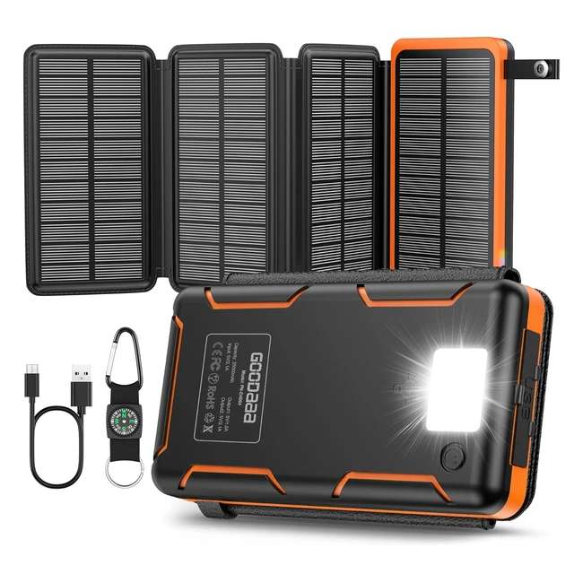 goodaaa Solar Powerbank 25000mAh mit 4 Solarpanels und Taschenlampe