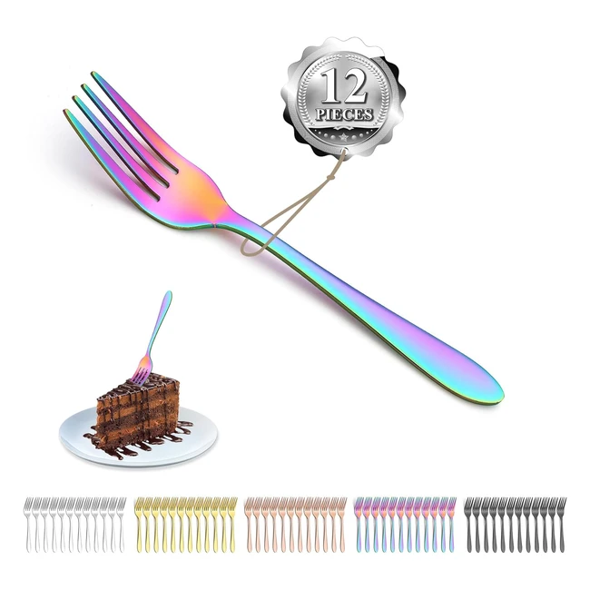 Ensemble de 12 fourchettes dessert arc-en-ciel Kyraton 14cm en acier inoxydable avec plaques de titane - Idéal pour les fruits et les gâteaux