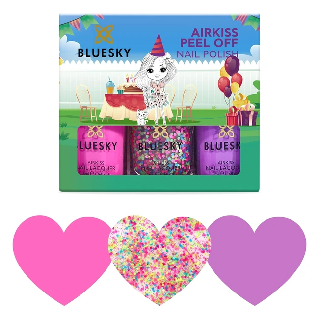 Bluesky Kids Nail Varnish Set - Party Time Collection - Pink/Purple/Confetti Glitter - Easy Peel-off - Non-toxic - Water-based - Odour-free - Kid's Nail Polish - Gift Set - 3 x 5ml - Stickers - Kid's Party Time