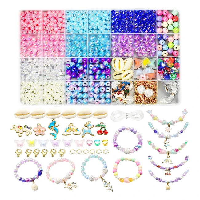 Abalorios para hacer pulseras 600 pcs - Colores vibrantes - Kit con colgante de sirena y unicornio - Manualidades para niños
