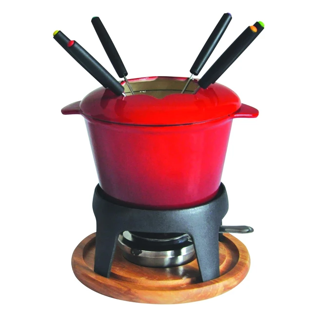 Service fondue fonte rouge dgrad Baumalu 385050 - plateau bois - 6 personnes