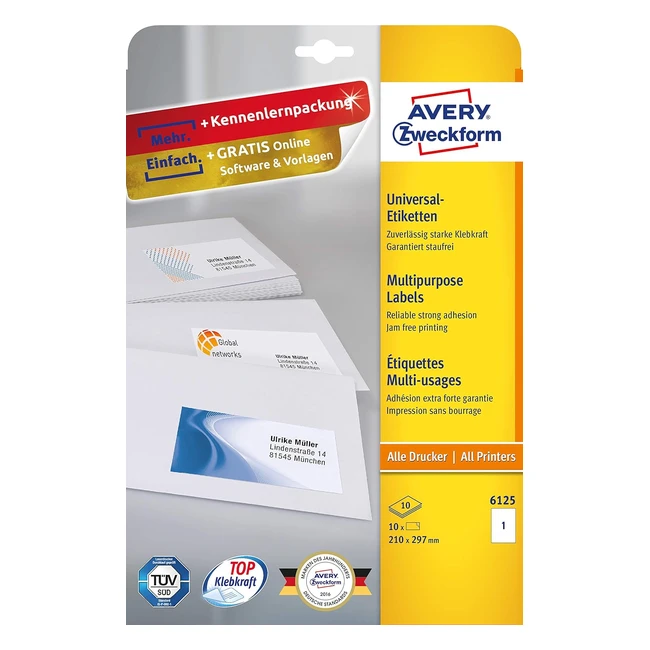 Etichetta Avery 6125 per stampante - Pacchetto da 10 fogli