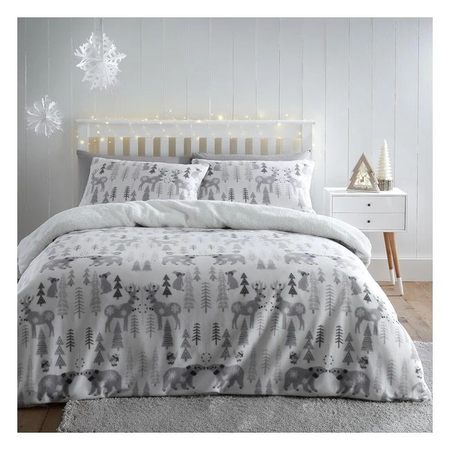Cozy Winter Woodland Fleece Single Duvet Cover Set - Catherine Lansfield - Grey