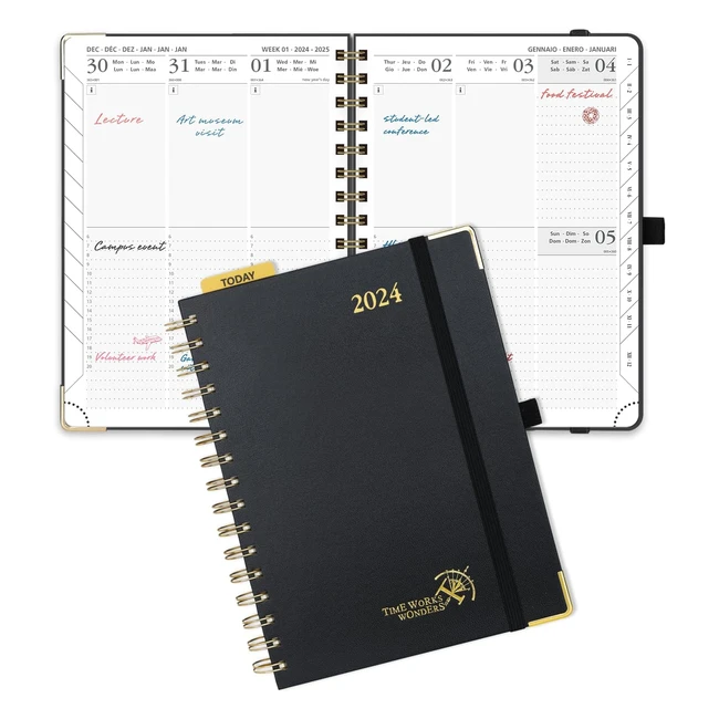 Agenda 2024 Semana Vista Vertical Premium - Poprun A5 215x16cm - Tapa Dura - Regla Posicionable - Papel Certificado FSC