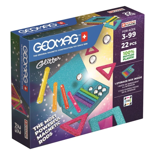 Geomag Glitter Reciclado - Barras Magnéticas Luminosas - 22 Piezas