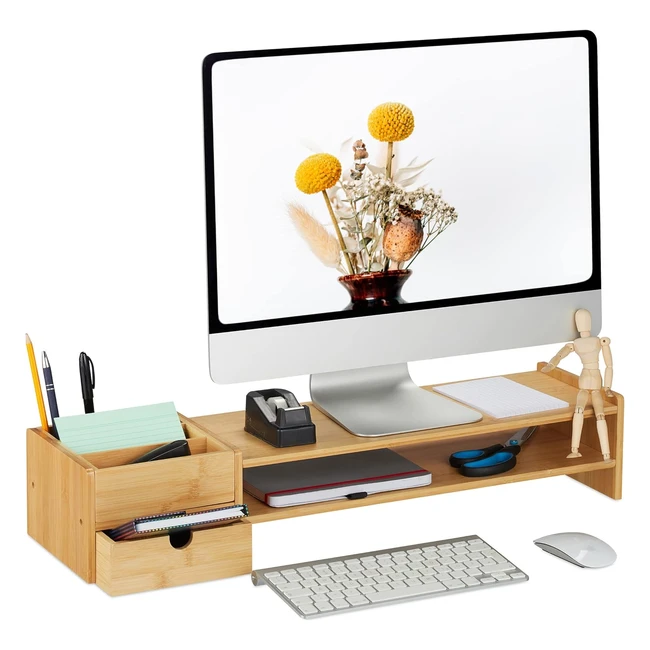 Support d'écran en bambou avec 5 tiroirs - Ergonomique et organisateur de bureau