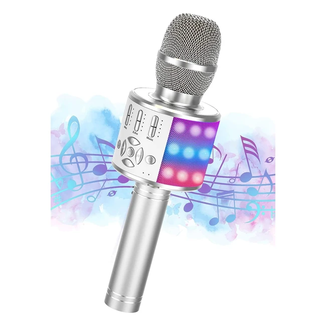 Micrófono inalámbrico Ankuka para karaoke con altavoz portátil - Grabación y luces LED - Plateado