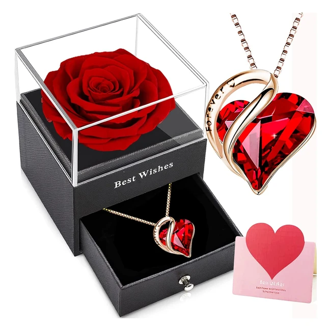 Rose éternelle avec collier cœur cristal femme - Pendentif rubis argent - Rose conservée - Fleur cadeau pour elle
