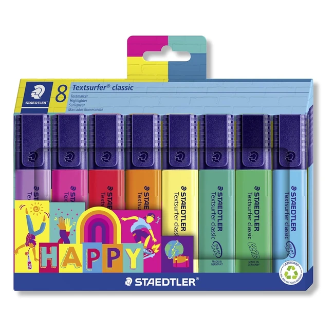 Staedtler Subrayador Textsurfer Classic Happy Colours - Gran Memoria de Tinta - Larga Duración - Secado en Segundos - Punta de 15mm - 8 Subrayadores en Estuche de Cartón