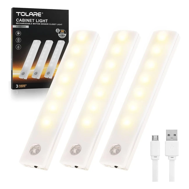 Lampe LED Placard Éclairage d'Armoire Tolare Blanc Chaud avec Détecteur de Mouvement - Pack de 3