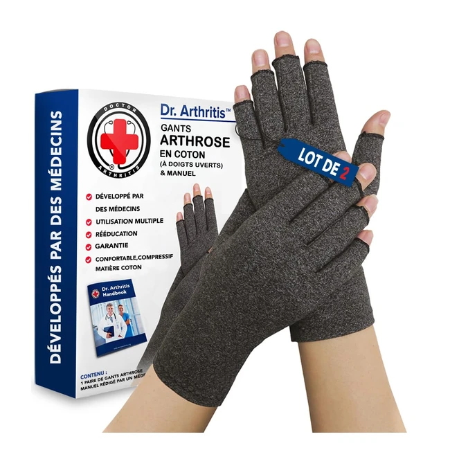 Gants Arthrose Dr Arthritis - Soulagement Douleurs Mains - Orthèse Pouce - Taille M Gris - 2 Paires