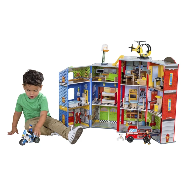 Ensemble de jeu en bois Kidkraft Everyday Heroes avec camion de pompier, voiture de police, hélicoptère, figurines - Jouet enfant dès 3 ans