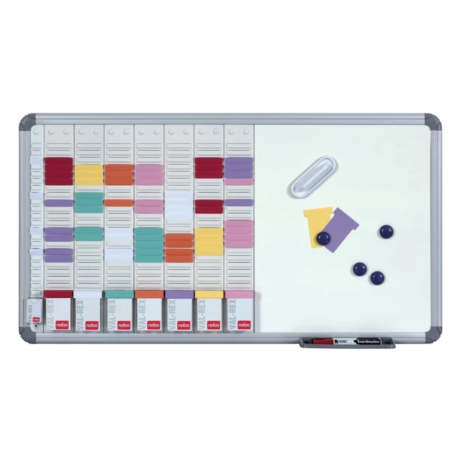 Kit Planning Hebdomadaire Mural Nobo - Surface en Acier - 7 Colonnes - 24 Fentes - Fiches T - Index - Feutres - Aimants - 2951400