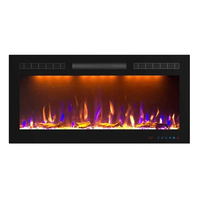 Chimenea eléctrica de pared Mystflame Crystal 40 - 1016 cm - 3 colores de leños y llamas - Termostato - Calefacción confortable - Pantalla táctil - Mando a distancia - Temporizador