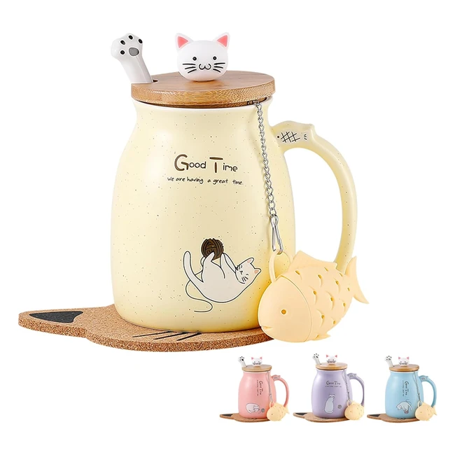 Tasse de chat en céramique mignonne avec couvercle et cuillère en acier inoxydable - 380ml