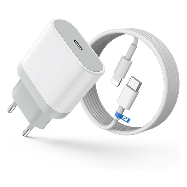 Chargeur Rapide iPhoneCertifi MFI - Chargeur Mural USB-C PD 20W avec Câble de Charge Rapide USB-C 3mètres