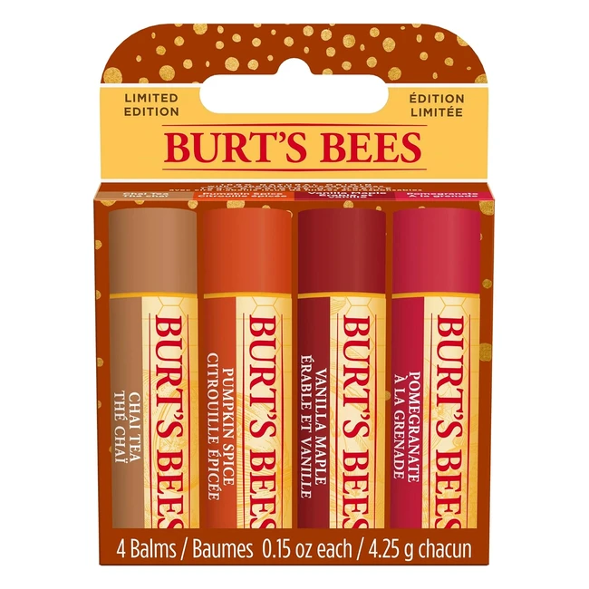 Coffret Cadeau Burts Bees - Set de Baumes à Lèvres Hydratants - 100% Naturels - Saveurs Thé Chai, Citrouille Épicée, Vanille Érable, Grenade - Réf. 4x425g