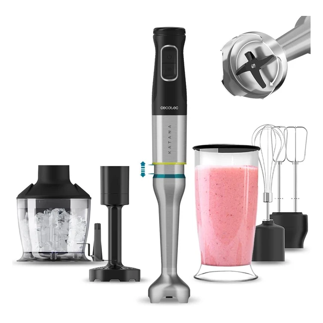 Frullatore a Immersione Cecotec Katana TotalDestroy 1500XL - 1500W, 21 Velocità e Turbo, 4 Fogli con Titanio Nero, Piede Extralargo, Accessori Kit