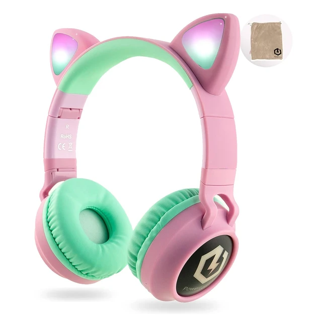 Cuffie Bluetooth Powerlocus per Bambini - Limitatore Audio 85 dB - Orecchie LED - Microfono - Micro SD - Trasporto - iPhone Samsung PC TV