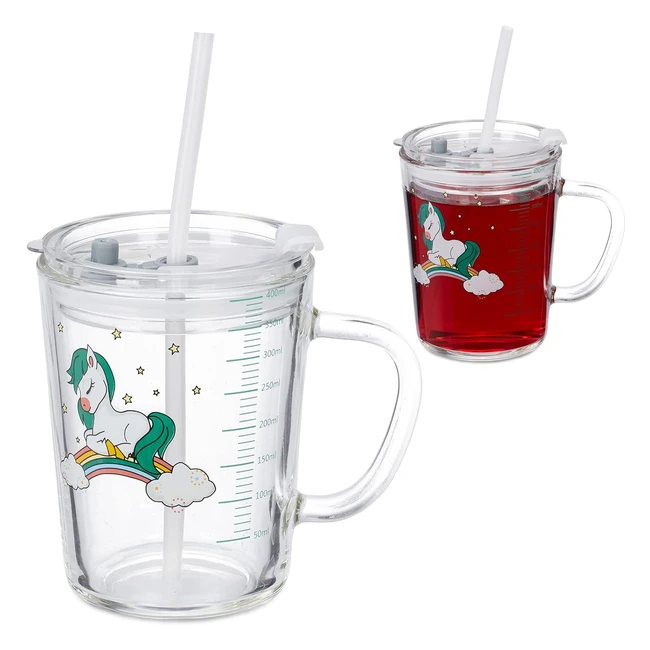 Set 2 Tazze per Bambini in Vetro Silicone ABS - Con Cannuccia, Manico e Tappo - 400ml - Unicorni Trasparente
