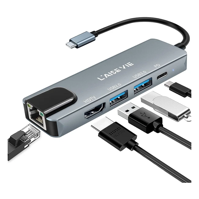 Hub USB C 5 in 1 HDMI 4K Adattatore USB Multiporta con Ethernet Porta di Ricarica PD Tipo C Porte USB 3.0 e 2.0