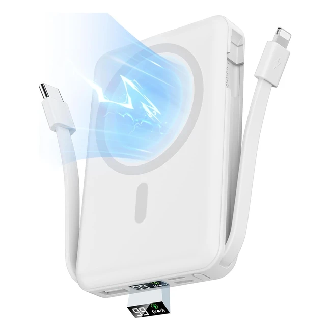 Batterie Externe Magnétique Sans Fil Podoru 10000mAh Power Bank - Chargeur avec 2 Câbles Intégrés - MagSafe Batterie PD 225W - Charge Rapide - Affichage LED pour iPhone