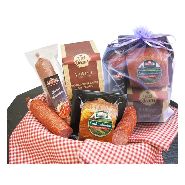 Schlemmerbox Wurstgeschenk Kaffee Set - Geröstete Kaffeebohnen gemahlen, Salami & Schinken geräuchert auf Buchenholz - Delikatessen Geschenkset