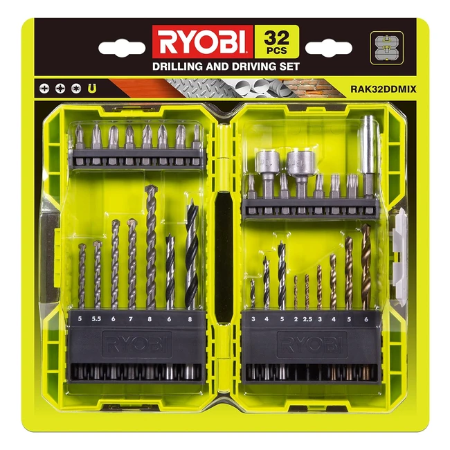 Caja apilable Ryobi con 32 accesorios mixtos para taladrar y atornillar - Rak32ddmix
