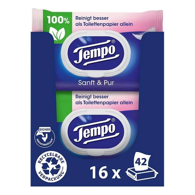 Tempo Feuchte Toilettentücher Sanft & Pur - Megapack, 16 Packungen à 42 Tücher, Duo Packs, dermatologisch getestet und pH-hautneutral