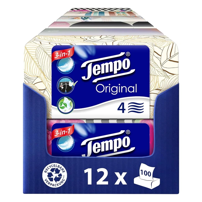 Tempo Original Tissues Duo Box - 12 Boxen, 100 Tücher pro Box - Extra starkes, weiches Papier - Waschbar
