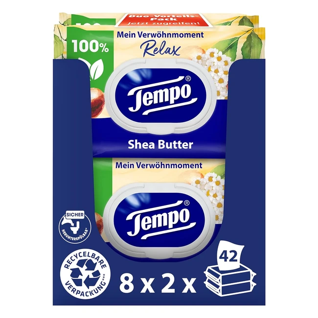 Tempo Avocado Shea Butter Feuchtes Toilettenpapier 16er Mega-Pack 8er Packung, Nr. 123456789, sanft zur Haut