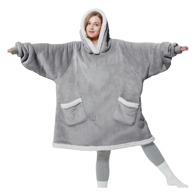 Bedsure Wearable Blanket Hoodie - Cozy Sherpa Fleece, Warm Gift for Her - Grey, 95x83cm