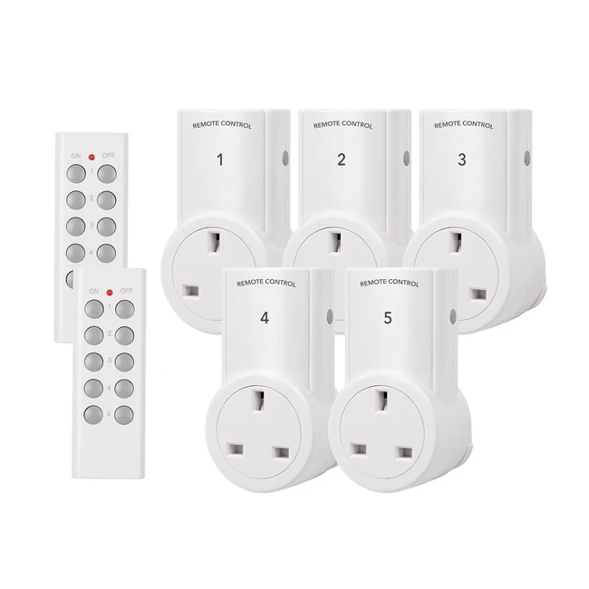 HBN Remote Control Plug Socket - 5 Pack Sockets and 2 Remotes - 30m Range - 13A/3120W