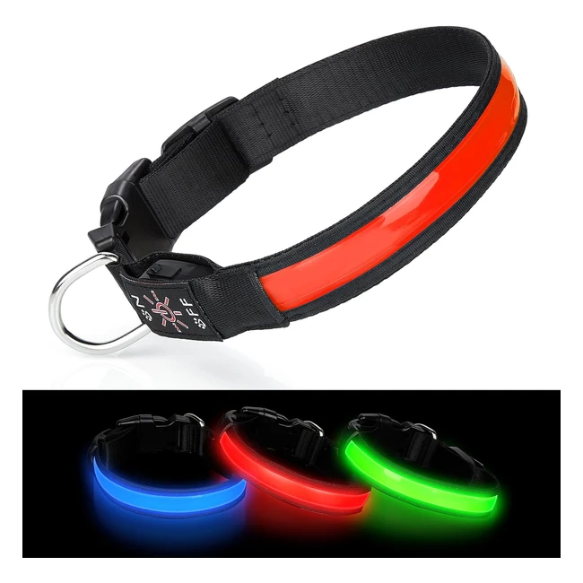 Benxdara Light Up Dog Collar USB Rechargeable | Adjustable LED | 3 Lighting Modes | Small Medium Large Dogs