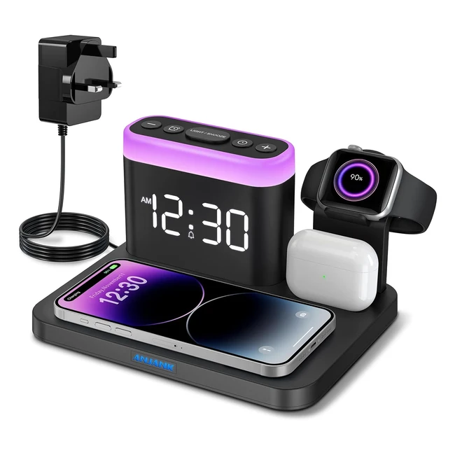 Wireless Charging Station 5 in 1 Charger Stand with Alarm Clock & Night Lights
