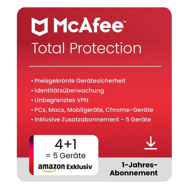 McAfee Total Protection 2023 - 4 Geräte - 1 Bonusgerät - Antivirus & Internet Security Software - Inkl. VPN & Passwortmanager - 1 Jahr Abonnement - Download-Code