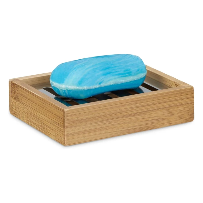 Jabonera de Bambú Relaxdays - Rejilla de Acero Inoxidable - Higiénica - 3x125x10 cm